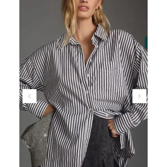 Maeve Anthropologie Shirt Womens L Striped Oversized Button Up Long Sleeve Green - Picture 5 of 6